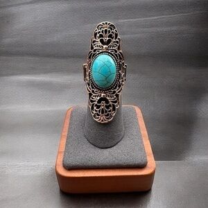Silver Tone Vintage Inspired Turquoise Color Statement Ring Adjustable Size